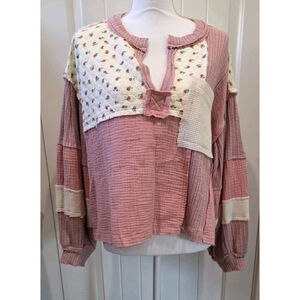 POL Oversized Quilted Floral Patchwork Shirt Size S NWOT Boho Cottage Core Vneck